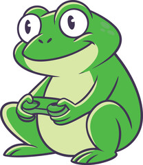 Fototapeta premium A cartoon green frog sitting with a video game controller