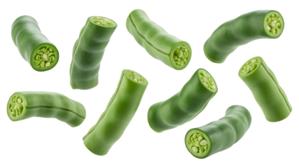 Nutrient rich fresh green bean pod sections cut open revealing small healthy internal seeds, isolated on transparent background