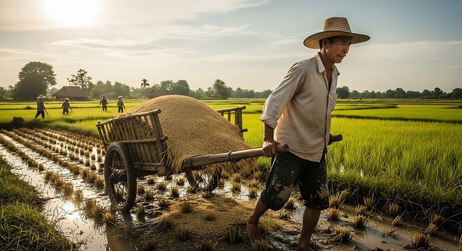 Farmer pulling cart through rice paddy field during sunny day.