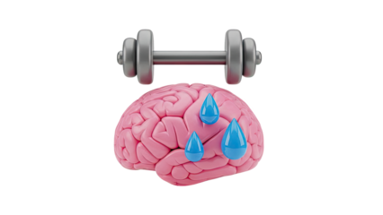Brain training with a dumbbell and sweat drops on transparent background
