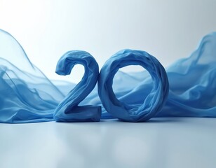 Blue fabric shaped into number 20. Soft flowing cloth creates elegant curves for anniversary or milestone graphic. Celebratory theme with clean minimalist aesthetic.