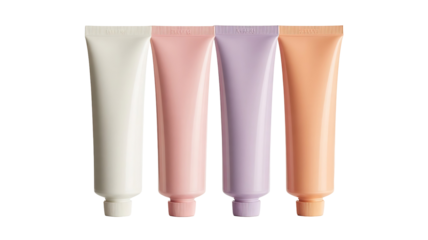 A row of four pastel colored cosmetic lotion cream tubes for beauty skincare products packaging, isolated on transparent background