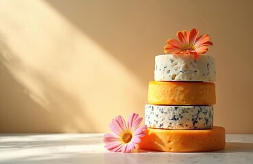 Stack of assorted cheese wheels with delicate flowers. Natural light creates soft shadows on a neutral backdrop. Food styling for culinary presentation, promoting dairy variety and gourmet appeal.