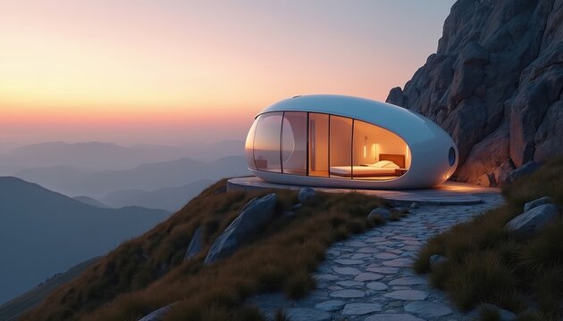 Futuristic capsule pod hotel on mountain peak at sunset. Glass walls offer panoramic view of valley. Modern, minimalist stay provides unique, tranquil vacation escape in nature.