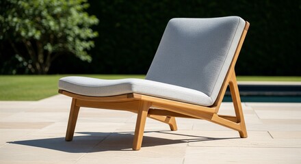 Modern teak lounge chair resting on sunlit poolside patio with greenery