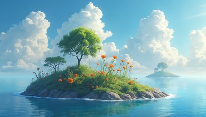 Green grassy island with orange flowers and trees floats on calm blue ocean water under large fluffy white clouds. Small island in distance mirrors scene. Peaceful natural landscape.