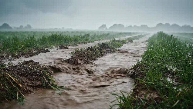 Intense Rainfall Flooding Fields with Flowing Water and Stormy Skies