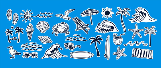 Hand-drawn beach-themed vector set with summer doodles like waves, palm trees, shells, crabs, sunglasses, and surfboards. Perfect for vacation designs, t-shirt prints, and tropical projects.