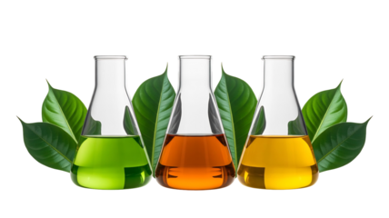 Three chemical laboratory flasks containing distinct green orange and yellow liquid solutions and green leaves, isolated on transparent background