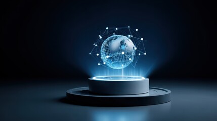 Abstract Digital Globe Displaying Data On Illuminated Platform Dark Background