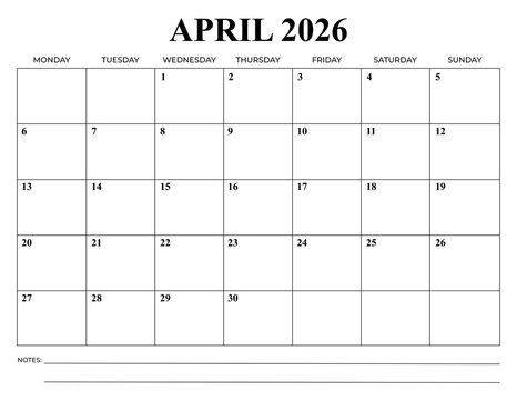 April 2026 Monthly Calendar, Monday Start, Minimal Printable Planner