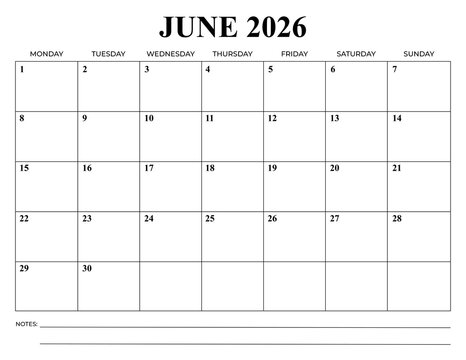 June 2026 Monthly Calendar, Monday Start, Minimal Printable Planner