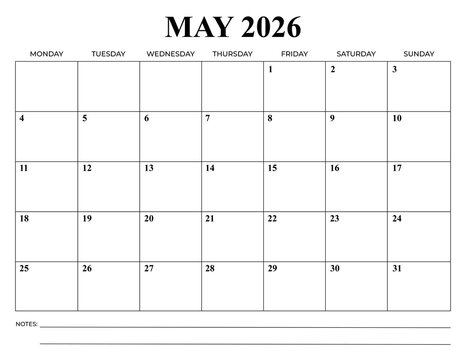 May 2026 Monthly Calendar, Monday Start, Minimal Printable Planner