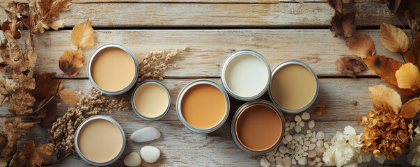 Earthy Neutral Paint Jars with Stones and Autumn Leaves