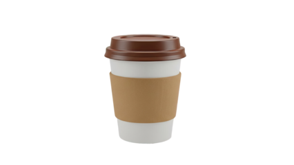 Disposable Coffee Cup with Brown Lid and Sleeve on transparent background