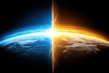 Abstract Digital Earth Illustration Split Between Blue and Orange Glowing Light Streaks on Black Background