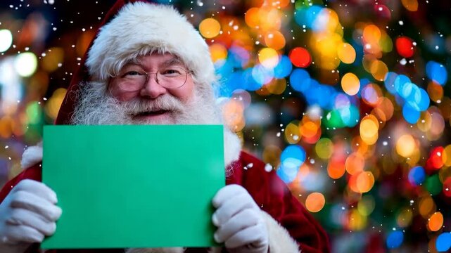 Santa holding blank green card in festive lights ready for cheerful holiday message