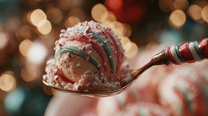 A close-up of a festive ice cream scoop with a holiday handle,