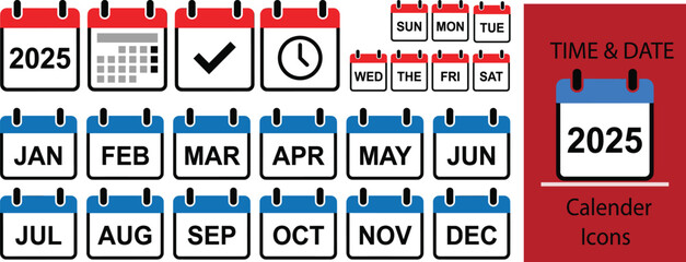 Modern 2025 calendar and date icons set featuring months, weekdays, schedule symbols, time markers, and planning graphics for organization, reminders, business, and productivity tools. © Itz Butterfly