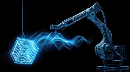 Abstract Robotic Arm Manipulating Cube with Data Stream on Black Background