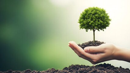 A hand nurturing a small tree with soil and greenery in a natural setting
