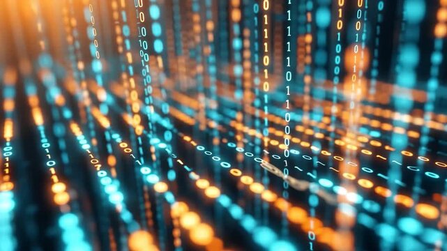 Digital Flow Visualization: A mesmerizing cascade of binary code streams through the digital landscape, illuminated with a vibrant, glowing energy.