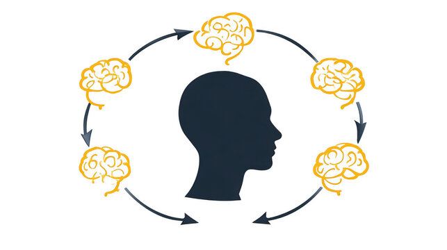 Blue smoke forming an infinite chain is coming out of a human head profile over a transparent background, representing obsessive compulsive disorder and intrusive thoughts
