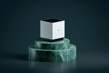 Geometric White Cube Displayed On Textured Green Stone Pedestal Against Dark Teal Backdrop