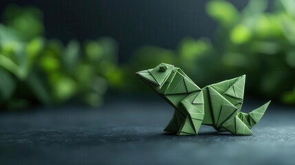 Origami swamp monster covered in layered, leaflike folds, glowing softly in a misty paper swamp