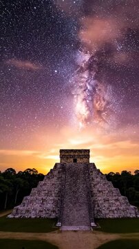Stunning night sky over ancient Mayan pyramid in Mexico, stars.