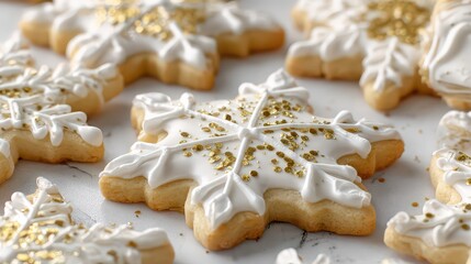 Golden Glitter Adorned Snowflake Sugar Cookies with White Icing Displayed on Marble Surface for Festive Holiday Treat Celebrations
