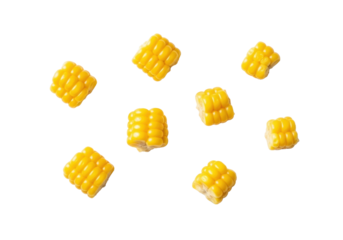 Seven bright yellow, glossy sweet corn kernels scattered on a pristine transparent background with copy space. Photorealistic studio macro, soft high-key lighting, concept of fresh healthy ingredients