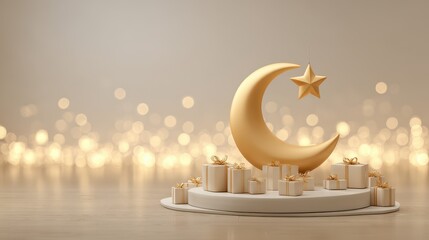 Golden Crescent Moon with Gifts and Star Ornament on Platform with Bokeh Lights Background