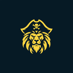 Stylized golden lion pirate logo featuring fierce lion head wearing pirate hat with skull emblem on dark background
