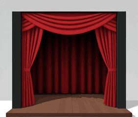 Fototapeta premium Isolated a realistic theatre stage with open red velvet curtains vector art with white background.