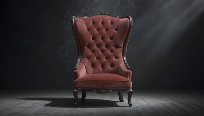 Elegant red velvet wingback chair in dark room with spotlight