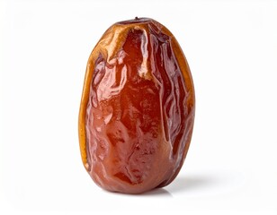 Fototapeta premium A single ripe date fruit, with its characteristic wrinkled skin and deep brown color, isolated on a plain white background