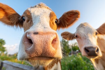 Close up of two cows looking directly at the camera with sunlight