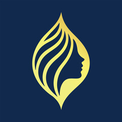 Abstract Woman Face Logo with Flowing Hair in Leaf Shape, Luxury Beauty Logo Design with Female Profile and Hair