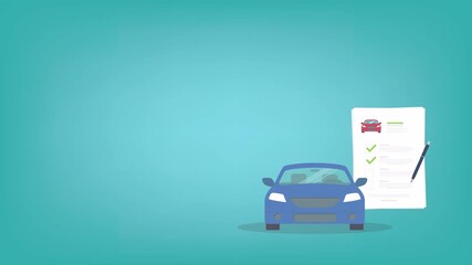 Car insurance document, report. Paper agreement checklist or loan checkmarks form list approved with automobile icon, vehicle financial, car dealership legal deal.	