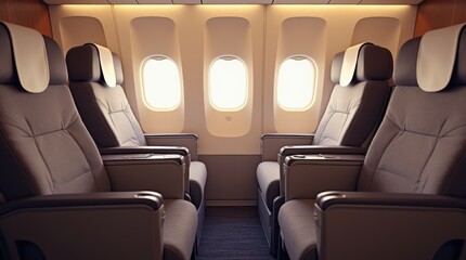 Obraz premium first class business luxury seats for vacations or corporate airplane travel with copy space area wide banner 