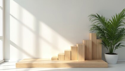 Minimalist interior scene with wooden blocks arranged like stairs. Green potted plant sits beside blocks. Sunlight casts shadows on wall creating serene atmosphere. Natural wood forms simple display.