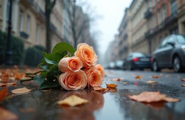 Peach roses lie on a wet city street with fallen autumn leaves. Cars pass by on the rainy urban road. The floral bouquet reflects on the wet pavement creating a lonely mood.