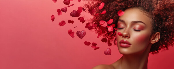 Dreamy Woman with Floating Hearts on Soft Pink