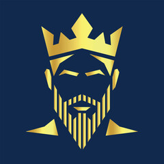  golden monarch head icon with beard and crown, modern geometric king face in gold gradient, minimalist logo