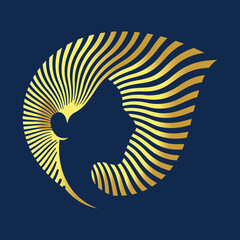 golden woman hair silhouette logo, luxury spa and hair studio emblem with golden woman profile, modern female face and hair logo in golden gradient illustration