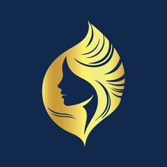 golden woman hair silhouette logo, luxury spa and hair studio emblem with golden woman profile, modern female face and hair logo in golden gradient illustration