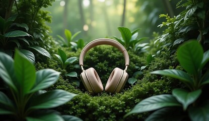 Wireless Headphones in Lush Green Forest Environment