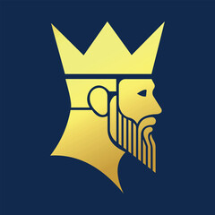 king profile logo with crown and beard in minimalist gold style, golden bearded king emblem for premium leadership or financial brand