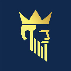 king profile logo with crown and beard in minimalist gold style, golden bearded king emblem for premium leadership or financial brand